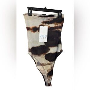 Zara Brown and Cream Patterned Bodysuit